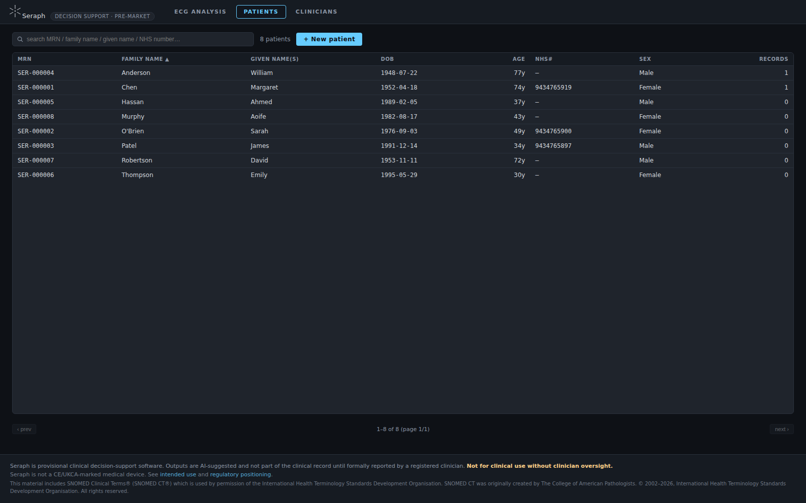 Seraph patients list with search and demographics columns
