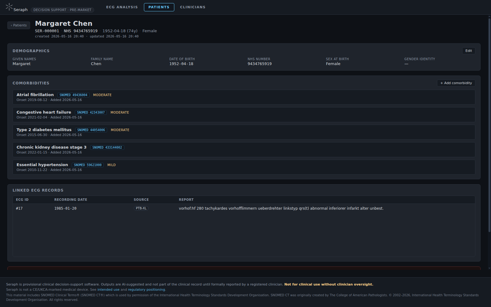Seraph patient detail page with demographics, comorbidities and linked ECG records
