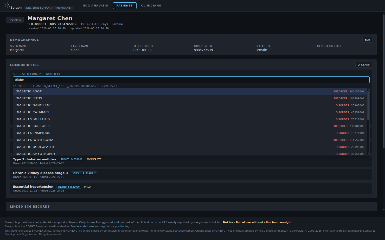 Seraph SNOMED CT picker searching diabetes concepts